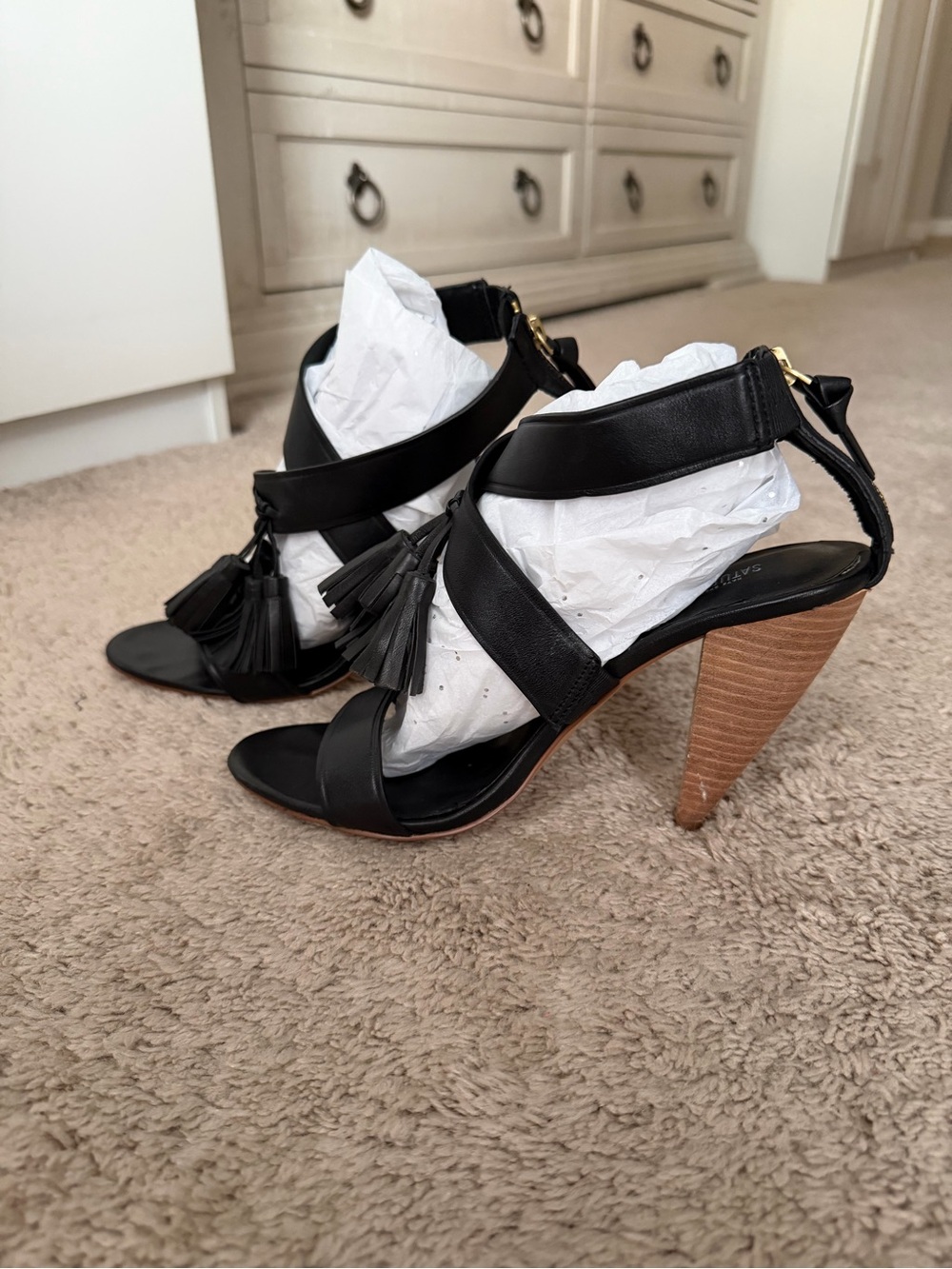 kate spade Black Leather Tassel Strappy Cone Heel Sandals